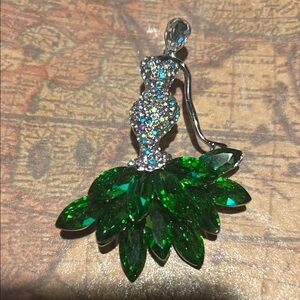 Elegant Green and Silver Crystal Lady Brooch & Pendant